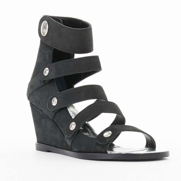 Opening Ceremony Olivia  Black Wedge Leather Suede Strappy Snap Button Sandals 9 - Picture 7 of 16
